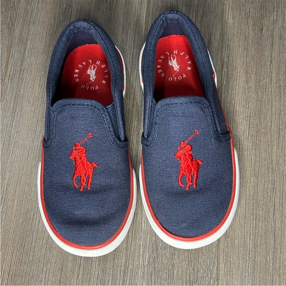 Ralph Lauren Kids Navy and Red Slip-On Sneakers